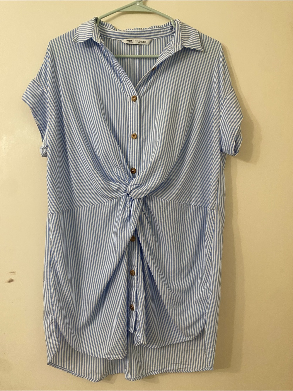 Zara Light Blue and White Striped Knot-Front Shirt Dress